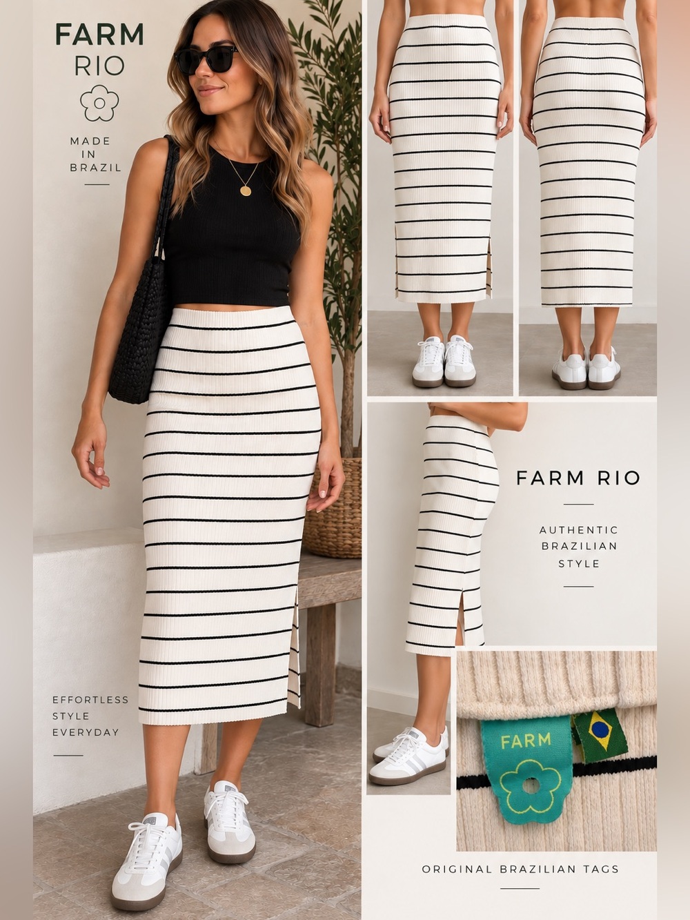 FARM Rio Brazil Ribbed Striped Midi Skirt Off white & Black Size P (US Small)